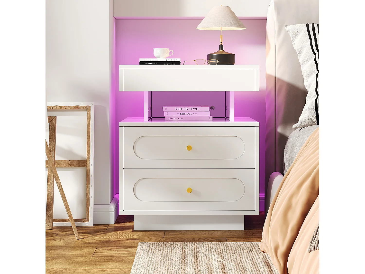 Table de chevet avec LED et 2 tiroirs - Bois blanc