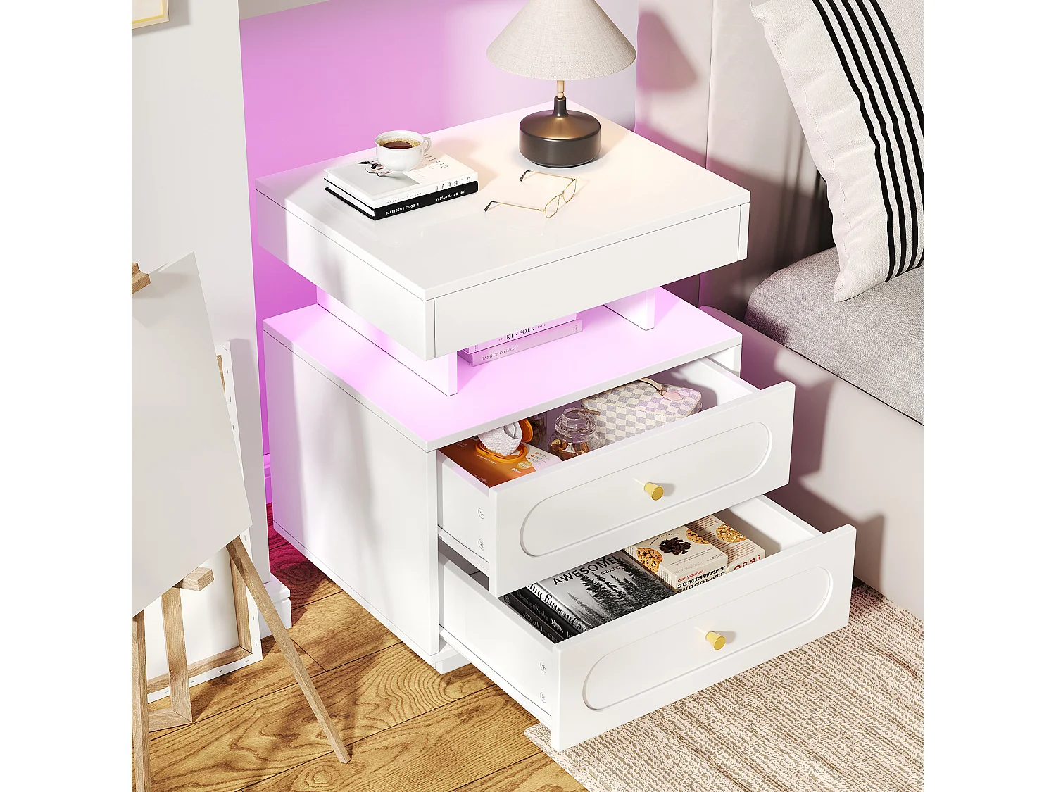 Table de chevet avec LED et 2 tiroirs - Bois blanc