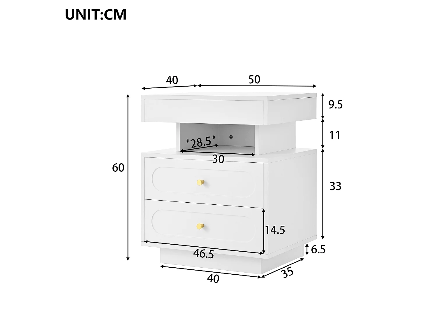 Table de chevet avec LED et 2 tiroirs - Bois blanc