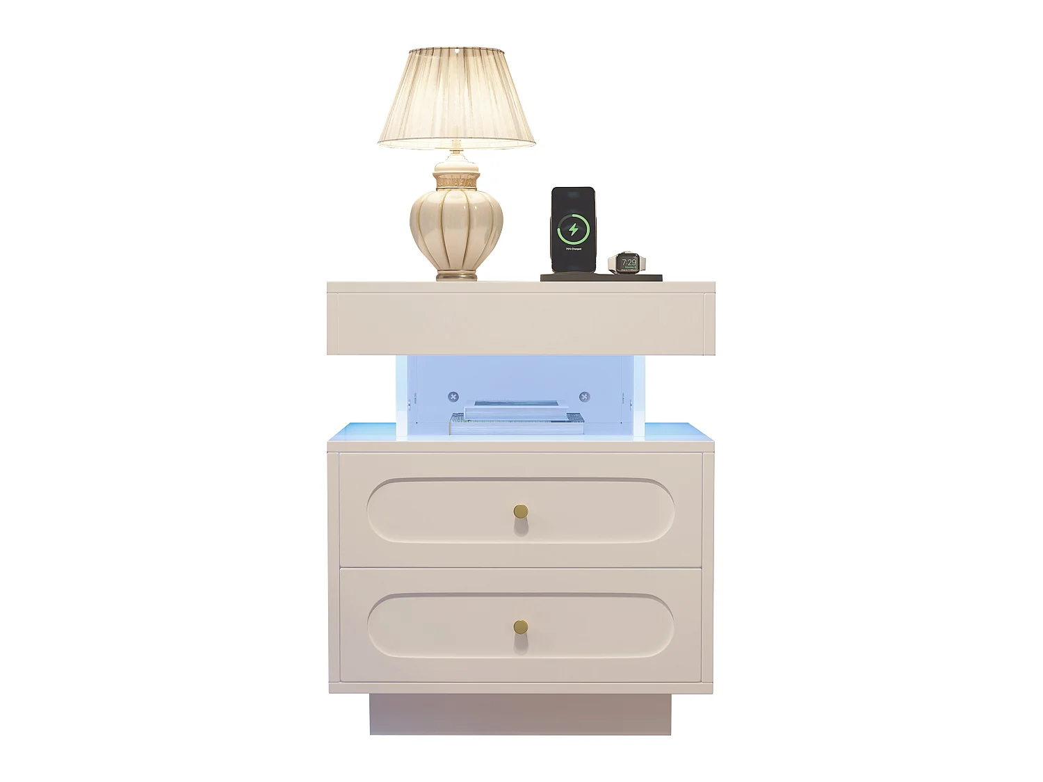 Table de chevet avec LED et 2 tiroirs - Bois blanc