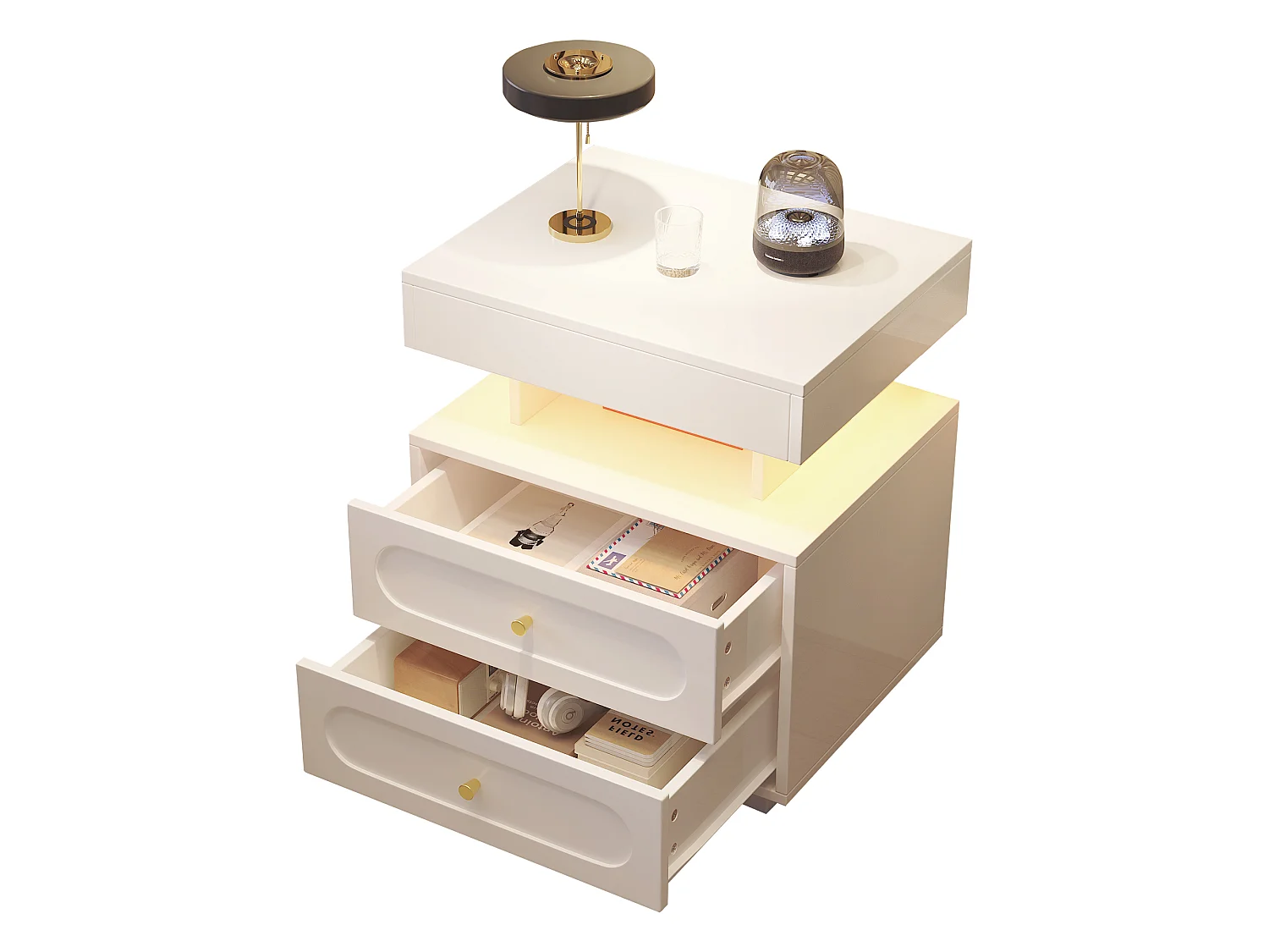 Table de chevet avec LED et 2 tiroirs - Bois blanc