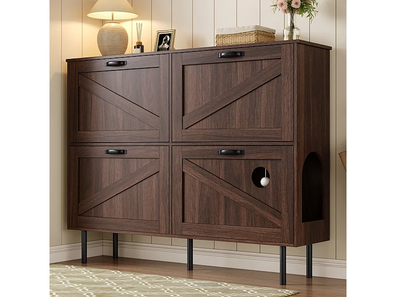 Zapatero de cuatro puertas, almacenamiento para juguetes de mascotas, color nogal