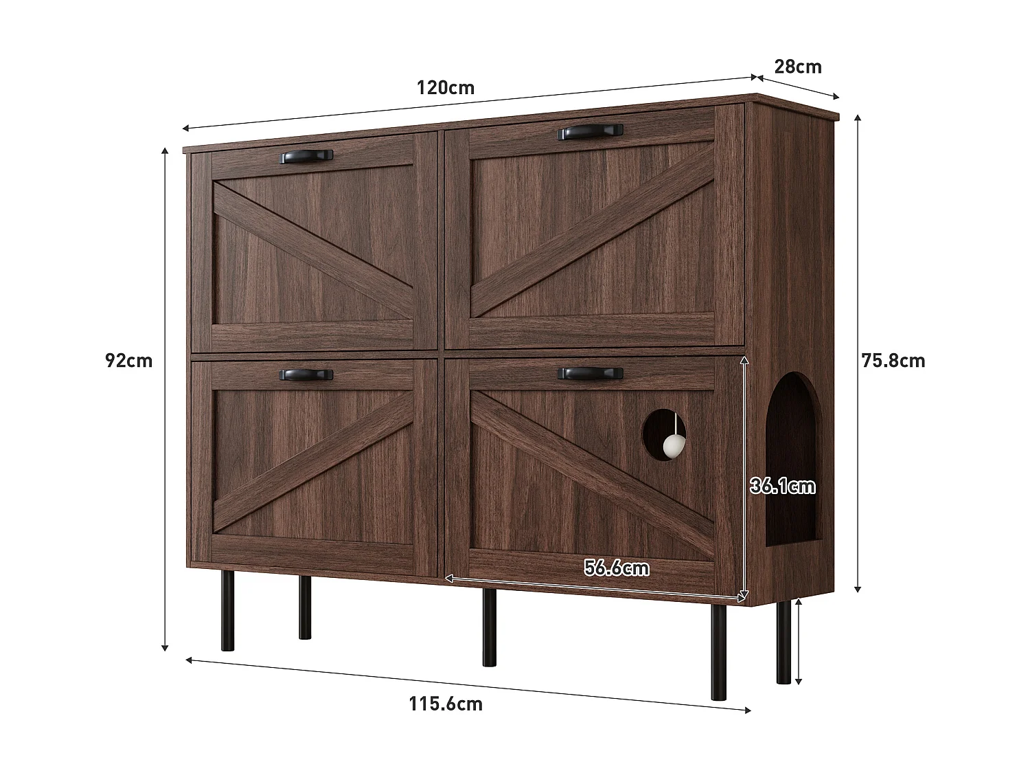 Zapatero de cuatro puertas, almacenamiento para juguetes de mascotas, color nogal