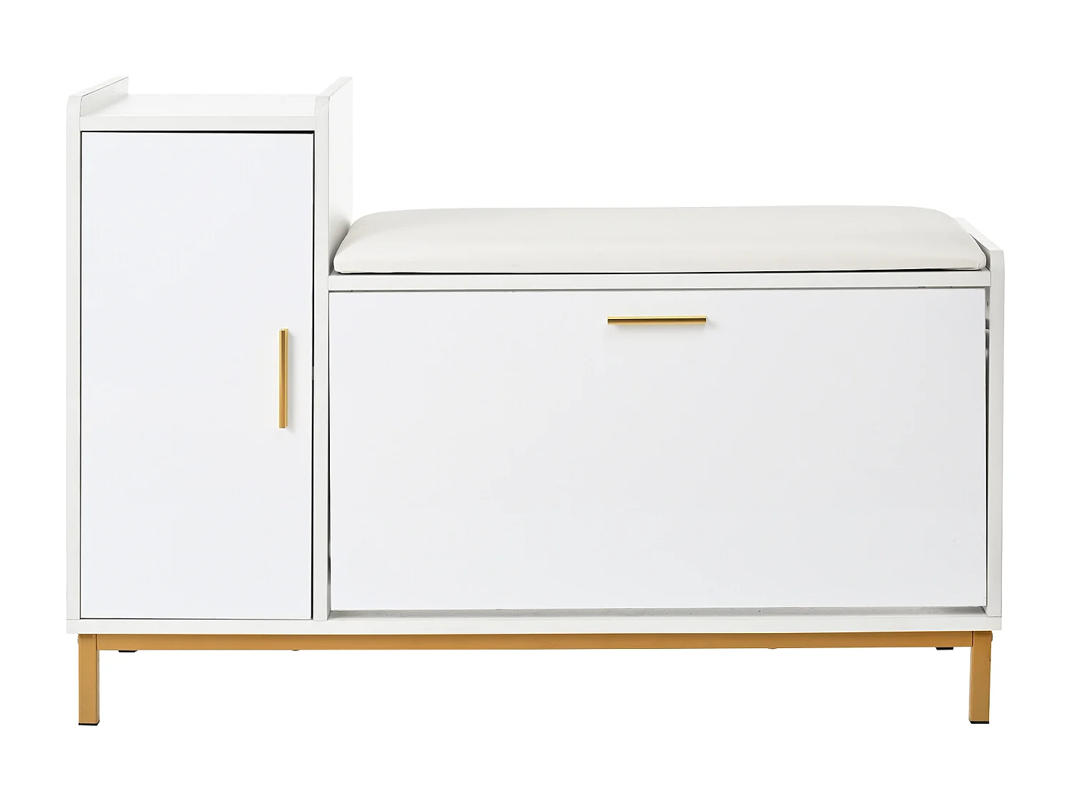 Zapatero con 2 puertas y banco acolchado - Acabado brillante - Blanco + Dorado