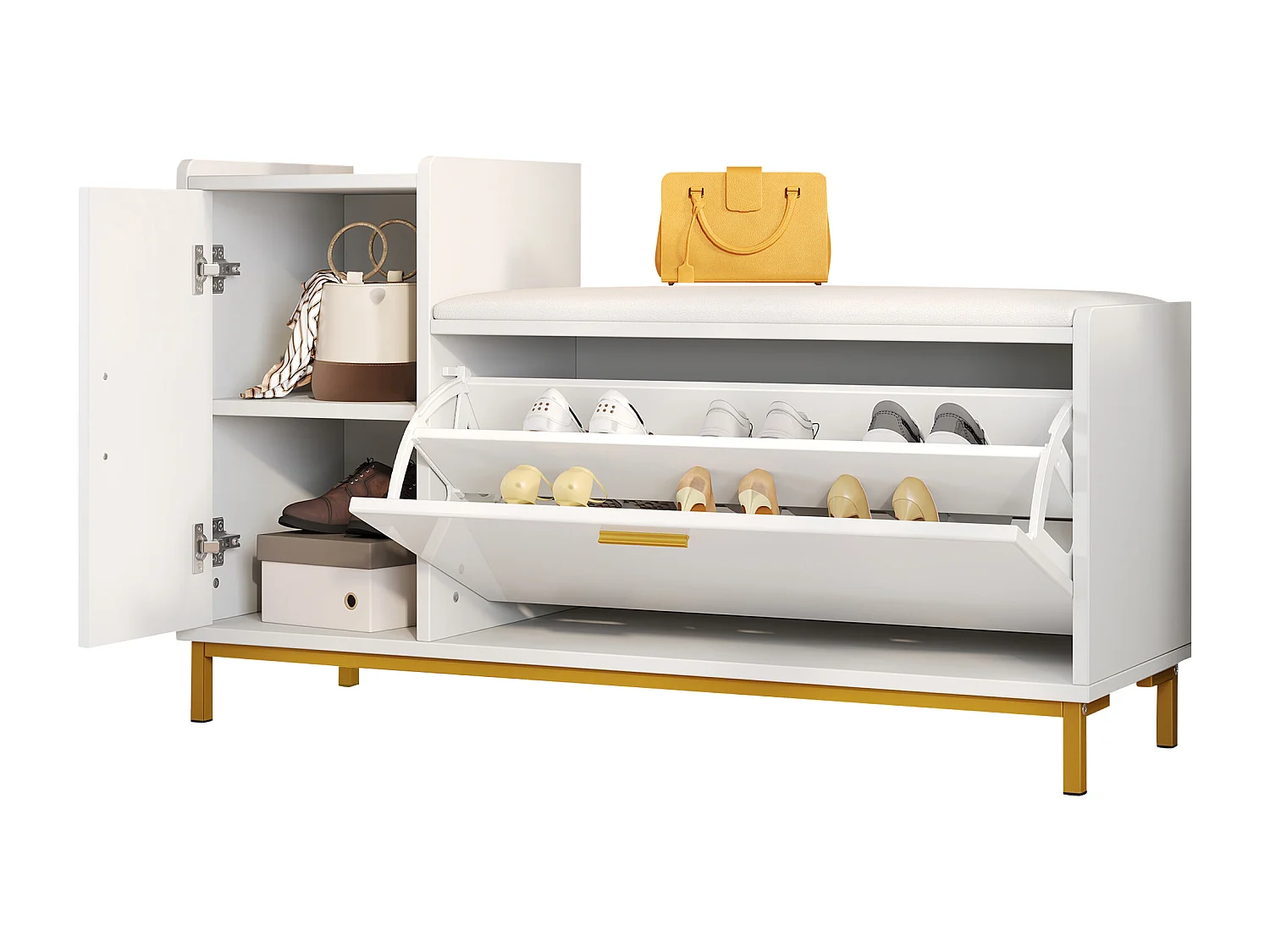 Zapatero con 2 puertas y banco acolchado - Acabado brillante - Blanco + Dorado