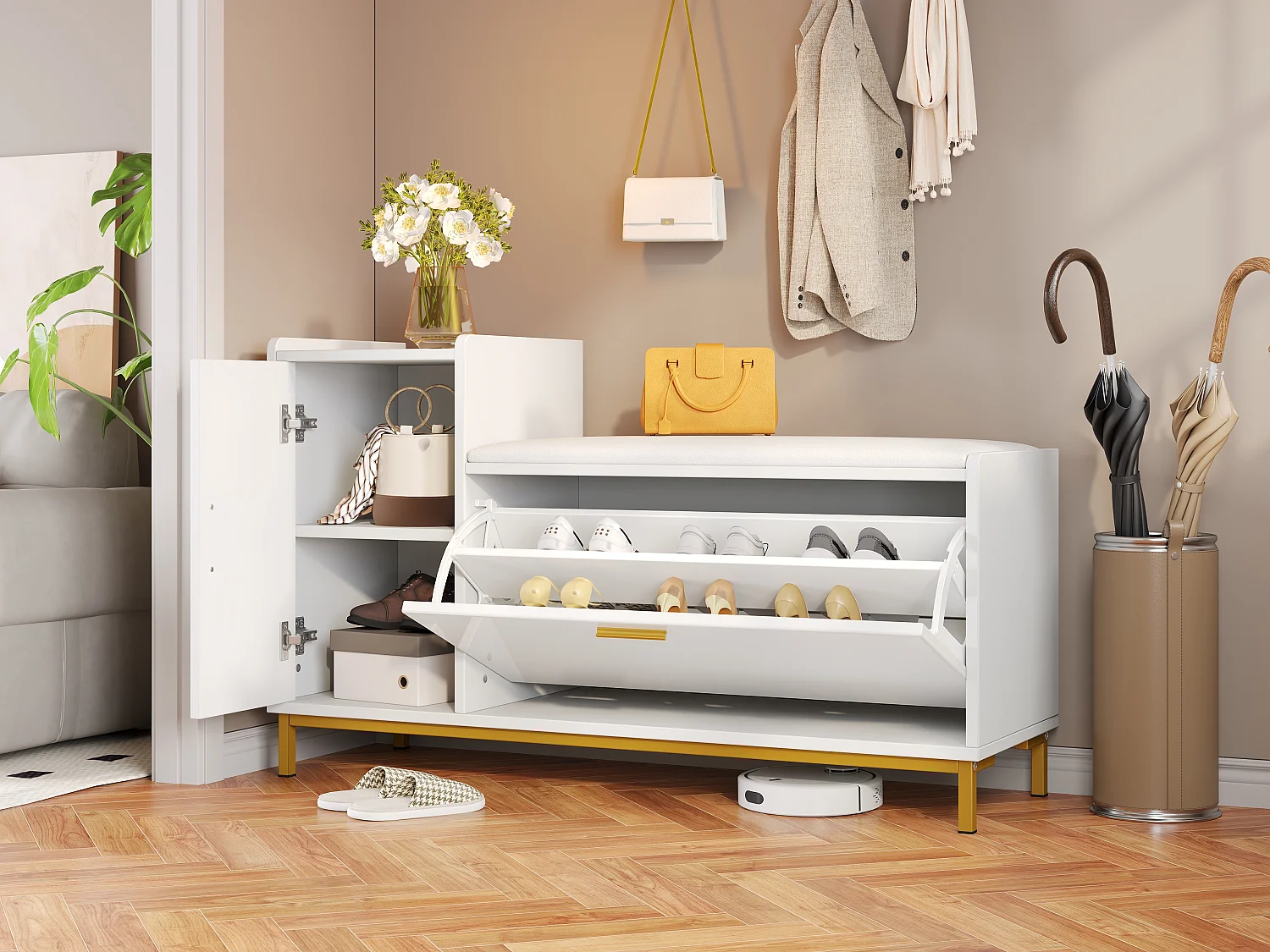 Meuble à chaussures avec 2 porte et banquette rembourrée - Finition brillant - Blanc +Or