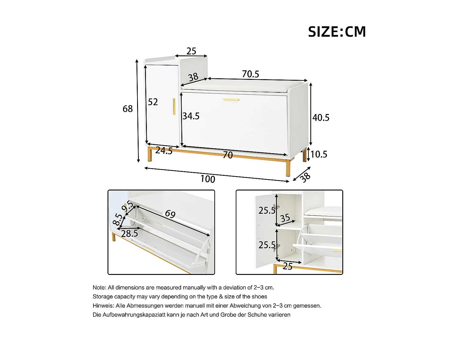 Meuble à chaussures avec 2 porte et banquette rembourrée - Finition brillant - Blanc +Or