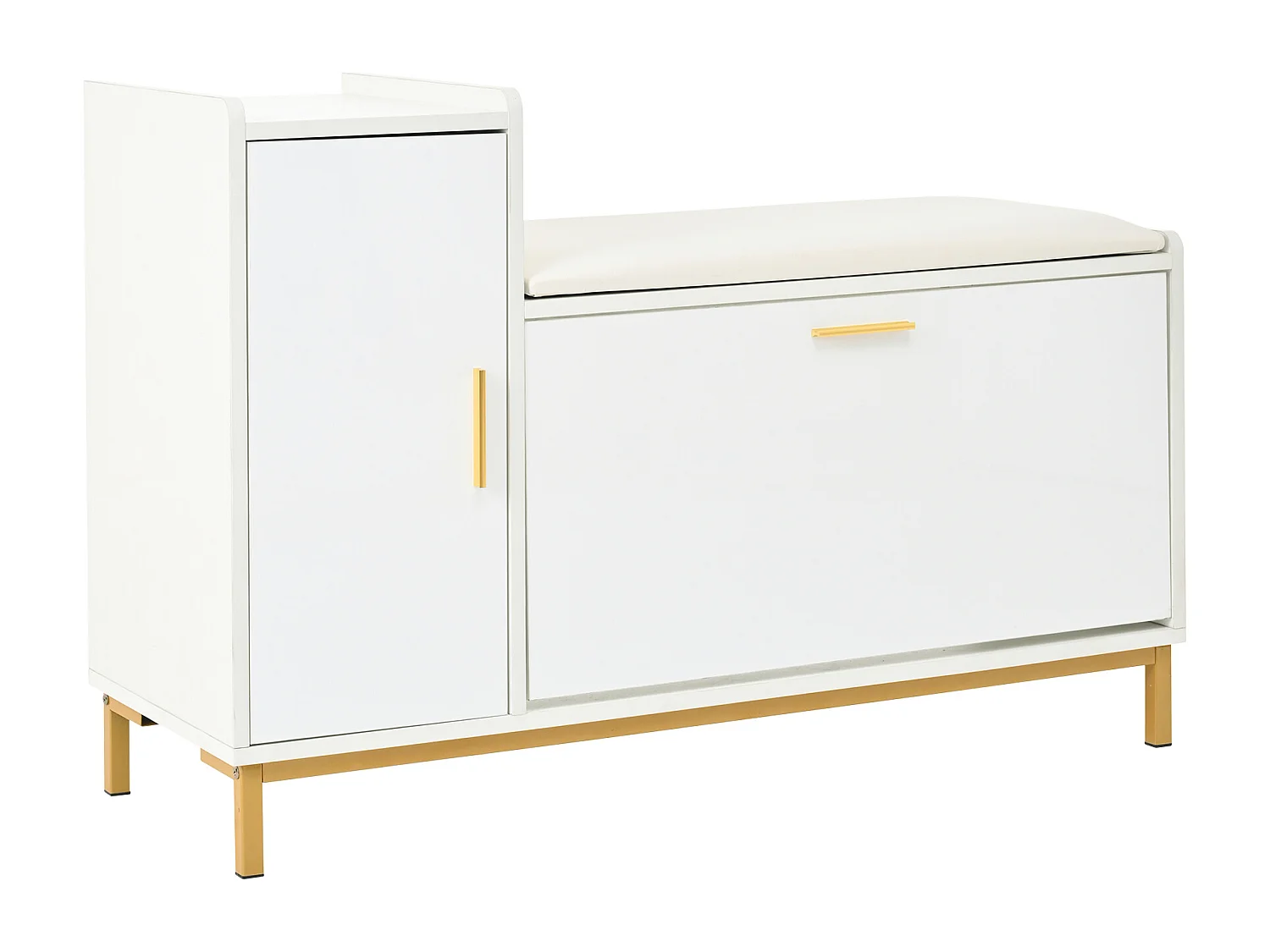 Meuble à chaussures avec 2 porte et banquette rembourrée - Finition brillant - Blanc +Or