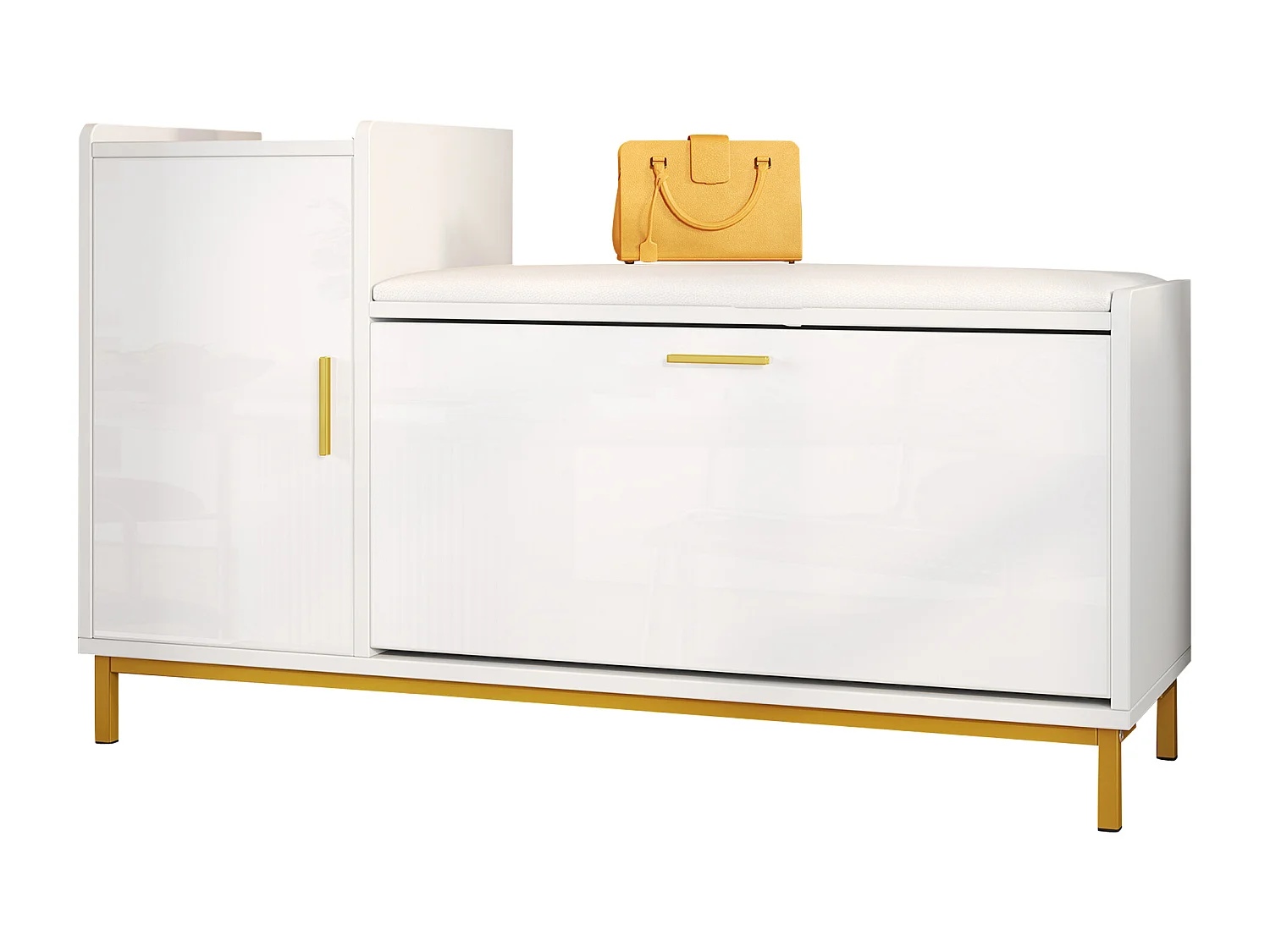 Meuble à chaussures avec 2 porte et banquette rembourrée - Finition brillant - Blanc +Or