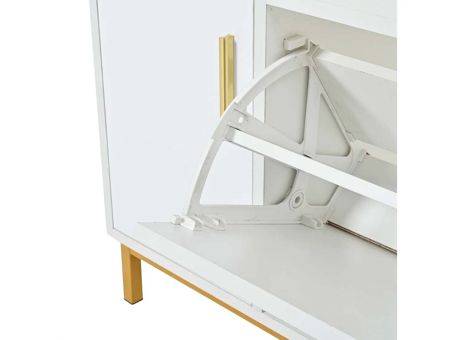 Meuble à chaussures avec 2 porte et banquette rembourrée - Finition brillant - Blanc +Or