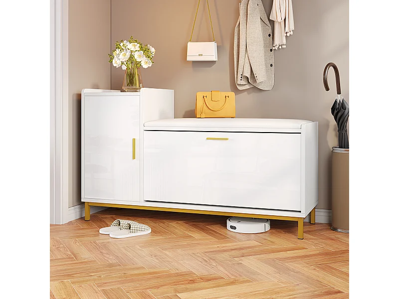 Meuble à chaussures avec 2 porte et banquette rembourrée - Finition brillant - Blanc +Or