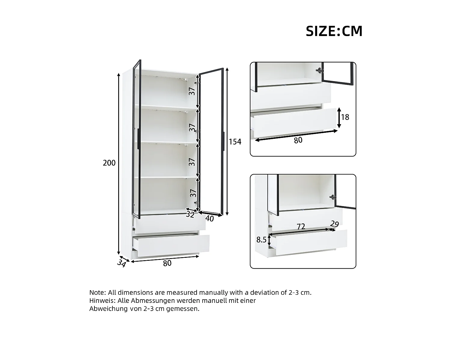 Vitrina con iluminación LED, 2 puertas de cristal y 2 cajones - Blanca