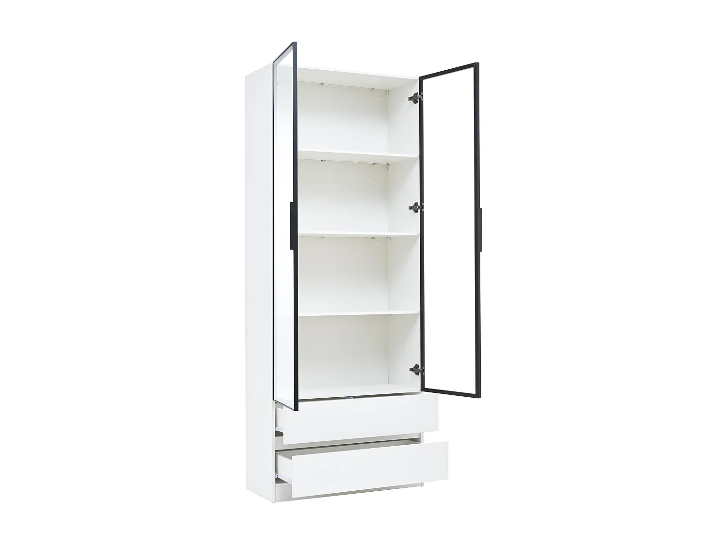 Vitrina con iluminación LED, 2 puertas de cristal y 2 cajones - Blanca