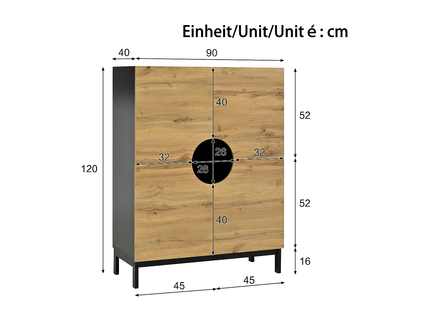Zapatero con 4 puertas, luces LED, estantes ajustables, color natural y negro.