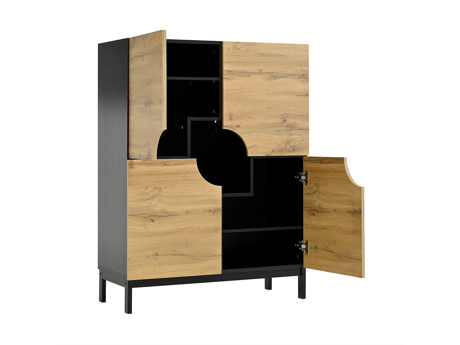 Zapatero con 4 puertas, luces LED, estantes ajustables, color natural y negro.