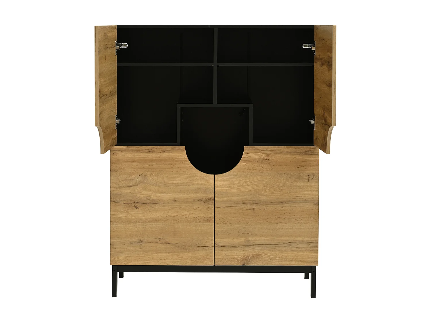 Zapatero con 4 puertas, luces LED, estantes ajustables, color natural y negro.