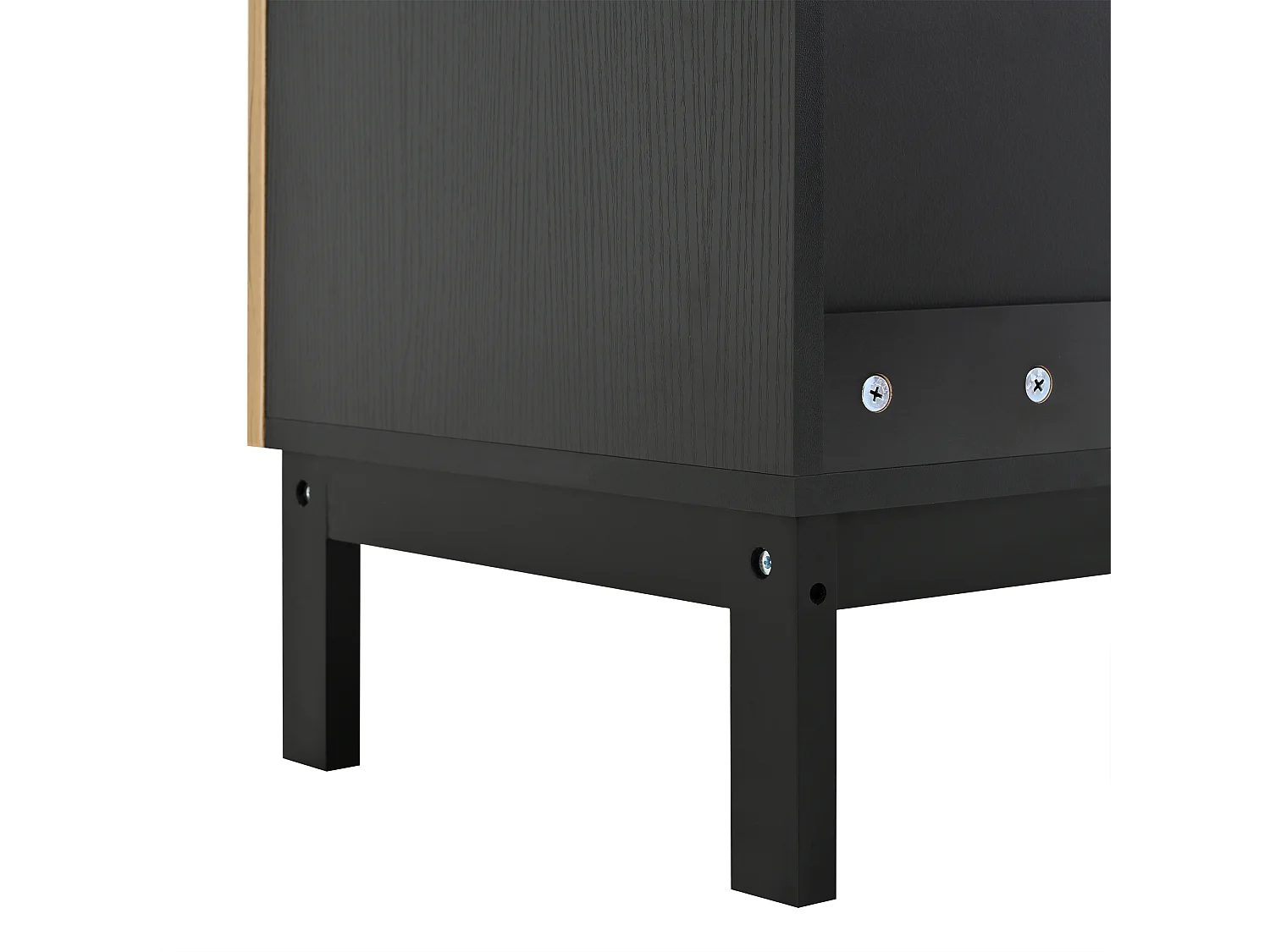 Zapatero con 4 puertas, luces LED, estantes ajustables, color natural y negro.