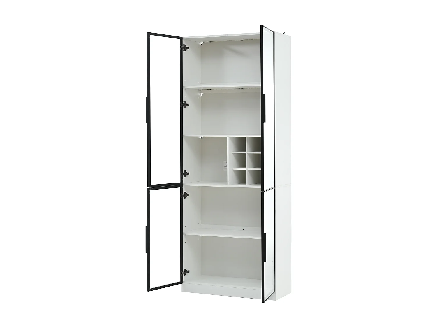 Vitrina con iluminación LED, 2 puertas de cristal y botellero - Blanca