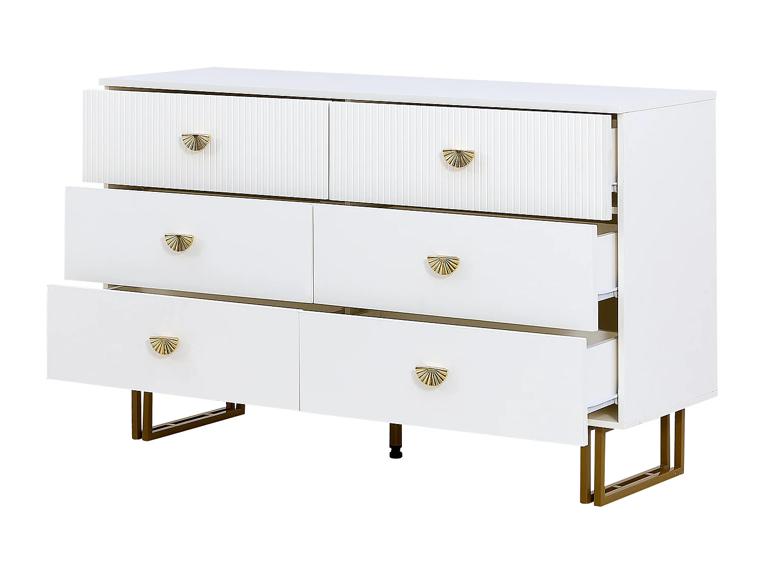 Commode avec 6 tiroirs , poignées dorées en forme d'éventail - MDF blanc