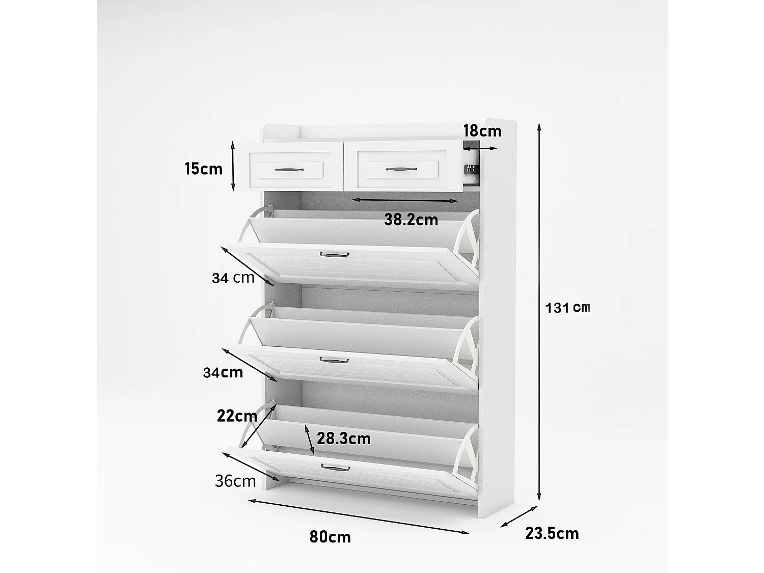 Meuble à chaussures avec 2 tiroirs et 3 portes - Poignées noir- Bois blanc