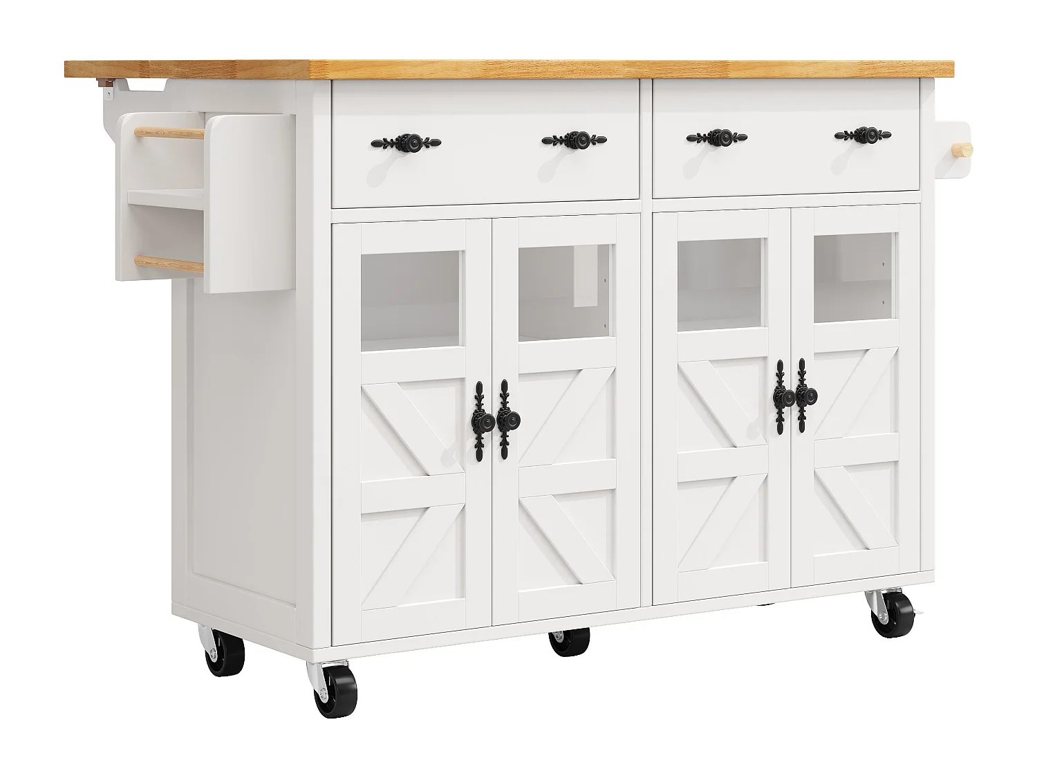 Îlot central de cuisine avec roulettes ,4 portes et 2 tiroirs - Blanc et naturel