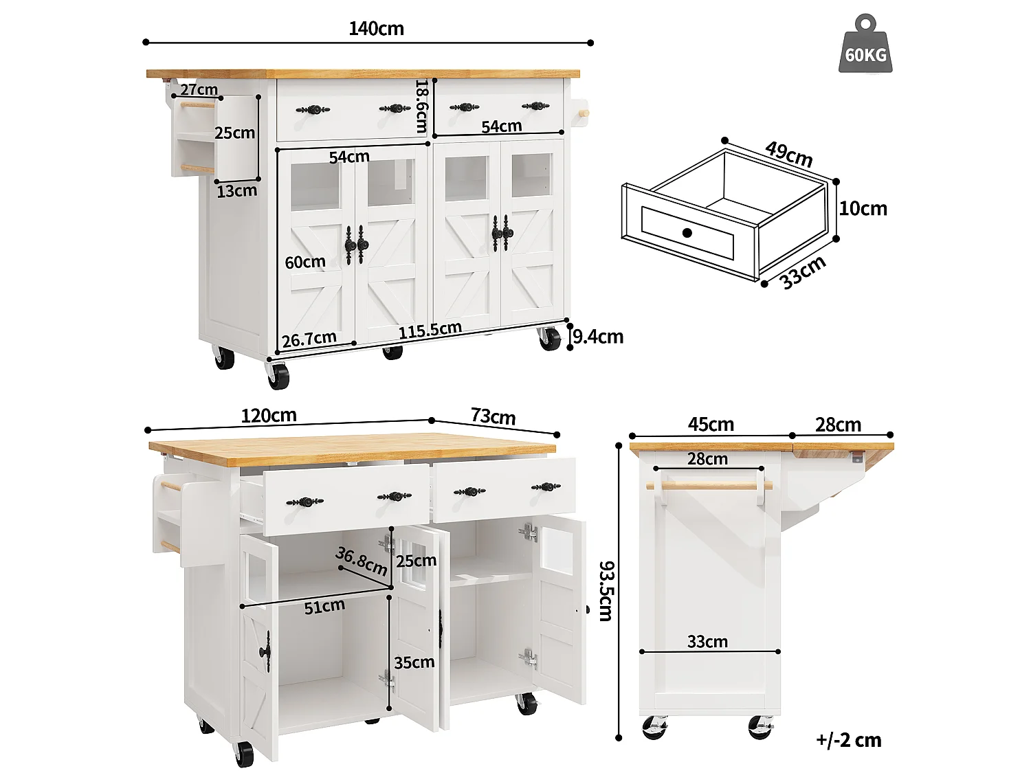 Îlot central de cuisine avec roulettes ,4 portes et 2 tiroirs - Blanc et naturel