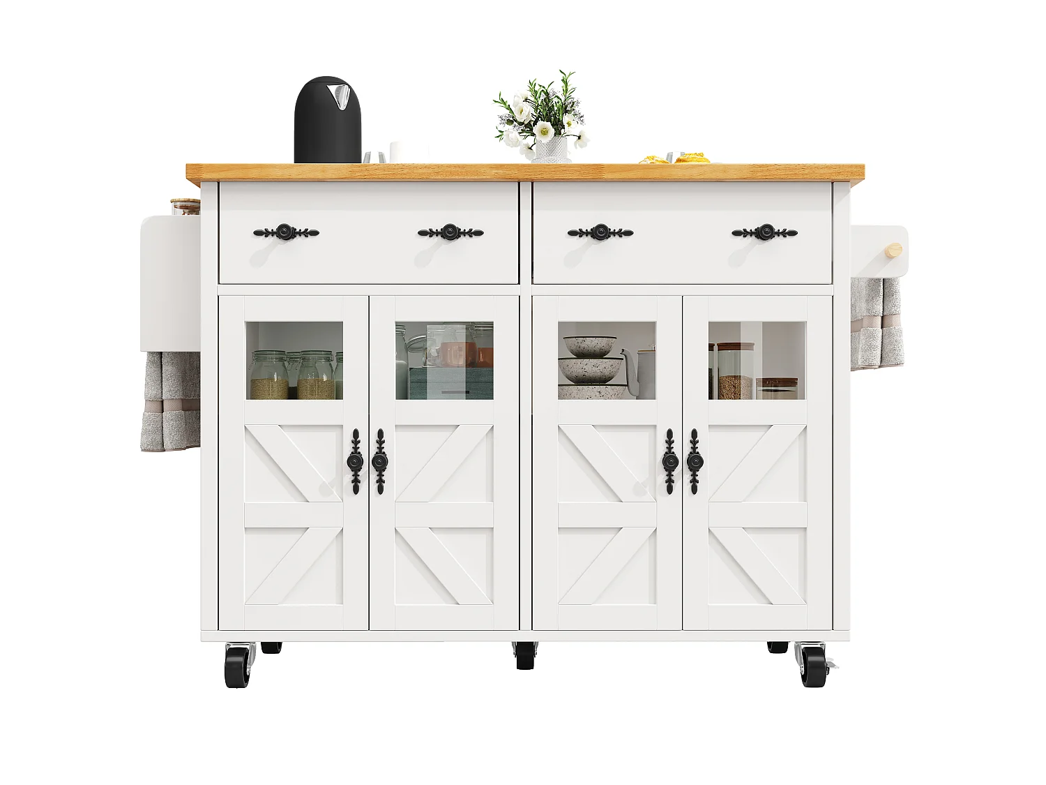 Îlot central de cuisine avec roulettes ,4 portes et 2 tiroirs - Blanc et naturel