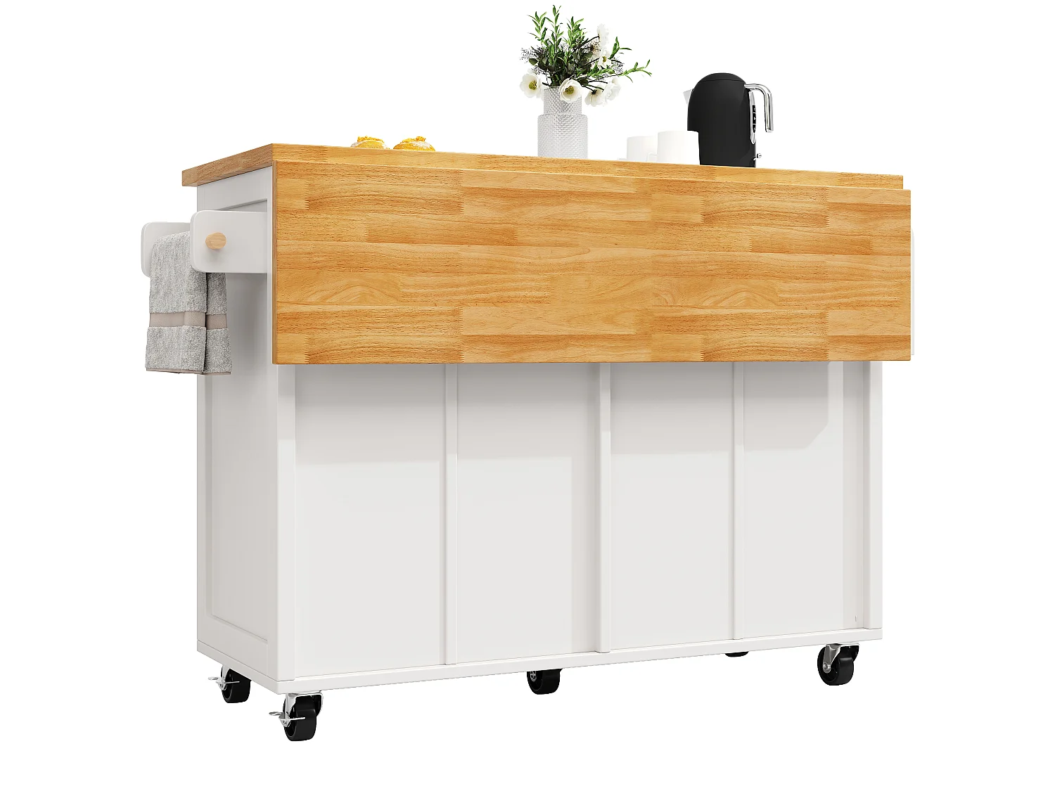 Îlot central de cuisine avec roulettes ,4 portes et 2 tiroirs - Blanc et naturel