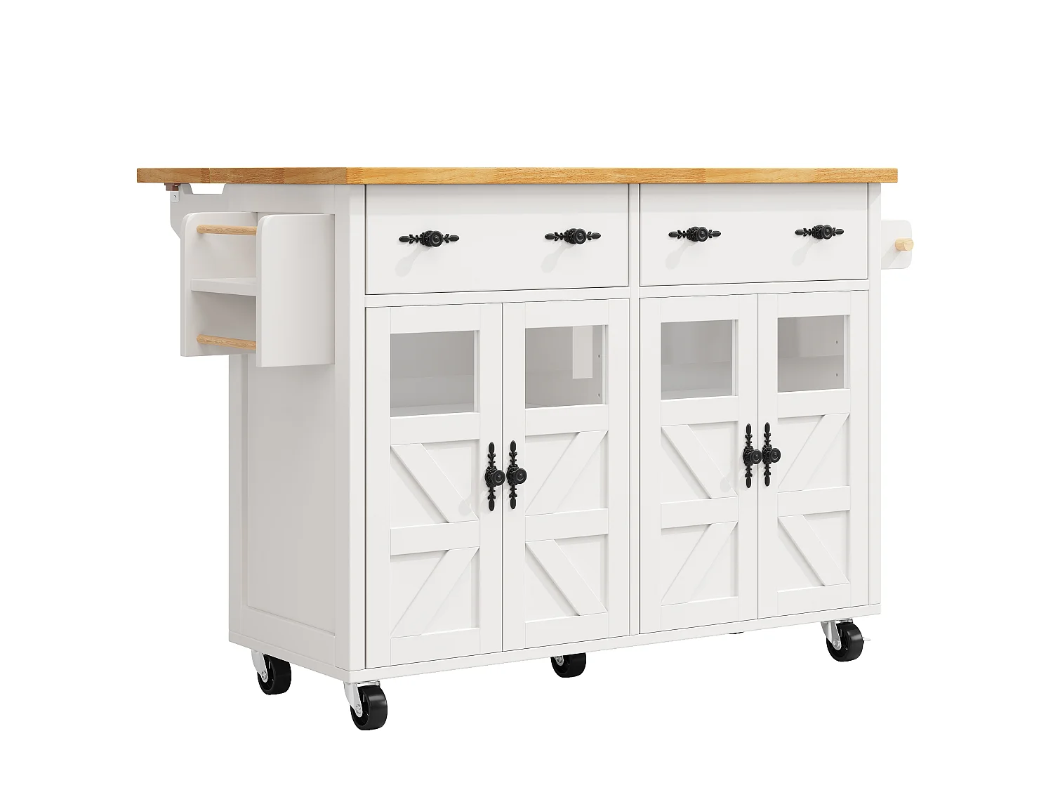 Îlot central de cuisine avec roulettes ,4 portes et 2 tiroirs - Blanc et naturel