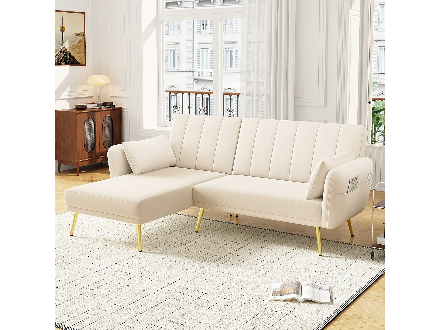 Canapé d'angle convertible 3 places - Velours - Beige