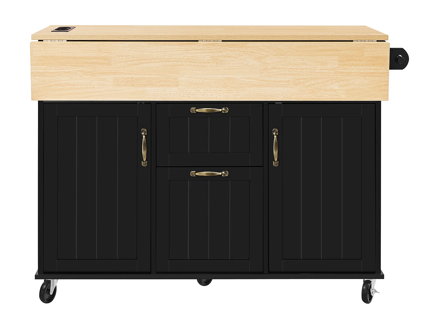 Îlot central de cuisine sur roulettes, 2 portes ,2 tiroirs et prise - Table pliable -Noir