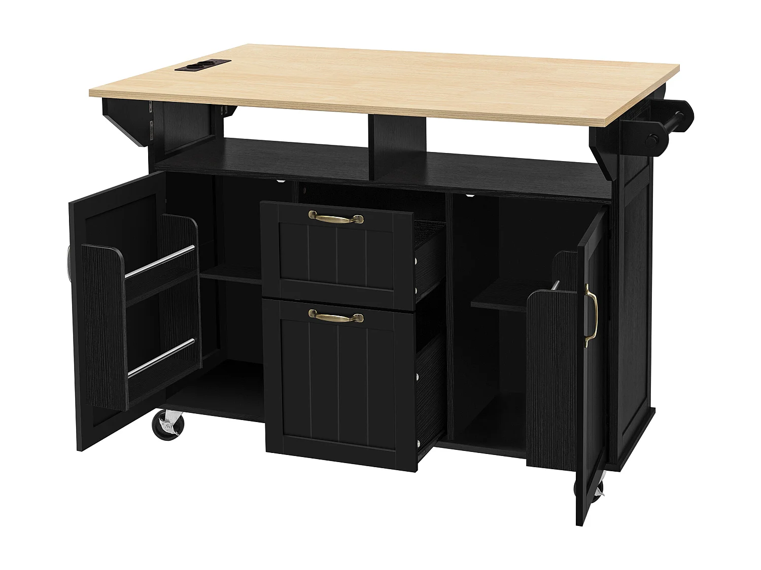 Îlot central de cuisine sur roulettes, 2 portes ,2 tiroirs et prise - Table pliable -Noir