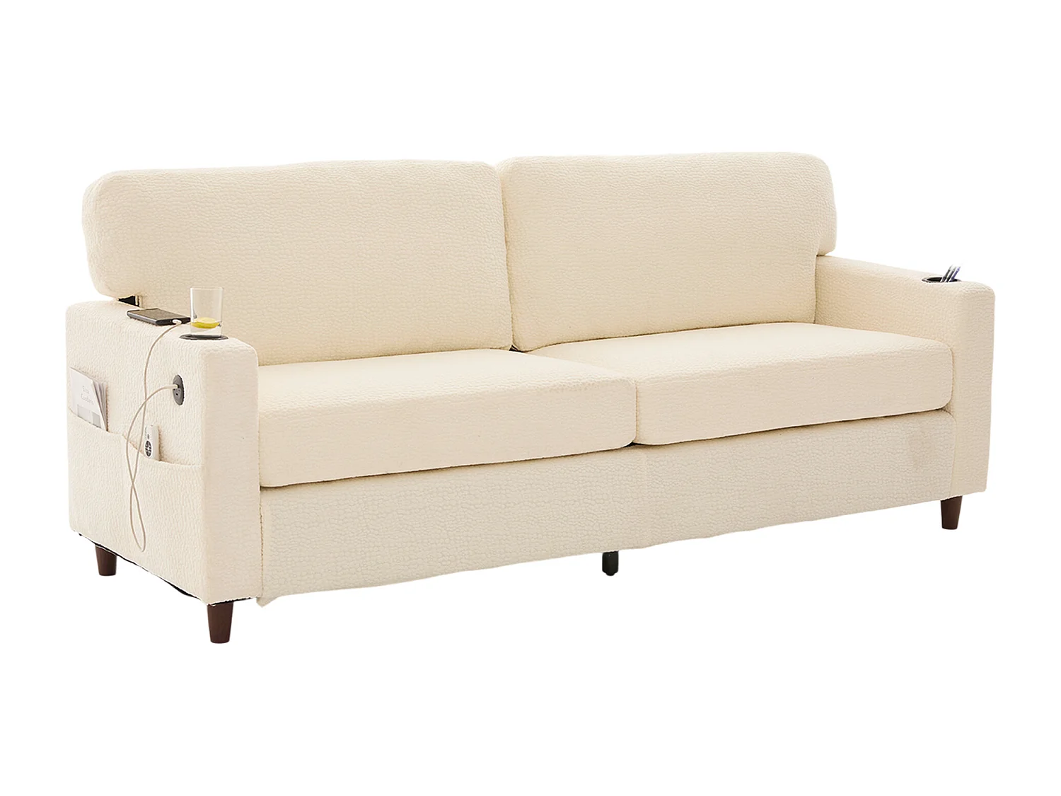 Canapé 2 places avec port USB-C, LED et poches latérales - Tissu chenille - Beige