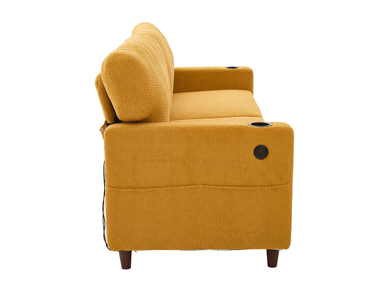 Canapé 2 places avec port USB-C, LED et poches latérales - Tissu chenille - Jaune moutarde