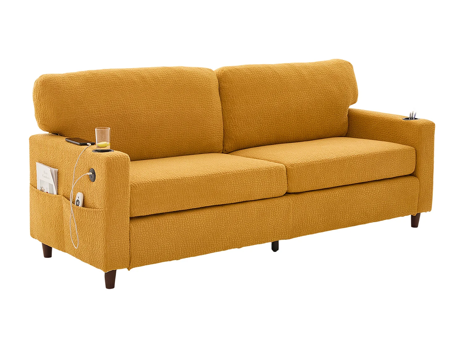 Canapé 2 places avec port USB-C, LED et poches latérales - Tissu chenille - Jaune moutarde