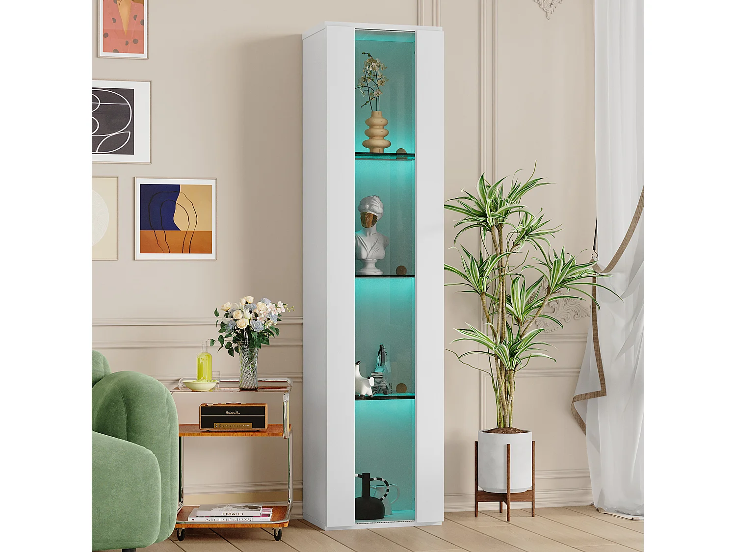 Vitrine avec porte acrylique et LED - étagères en verre - Blanc 40 x 29 x 170 cm