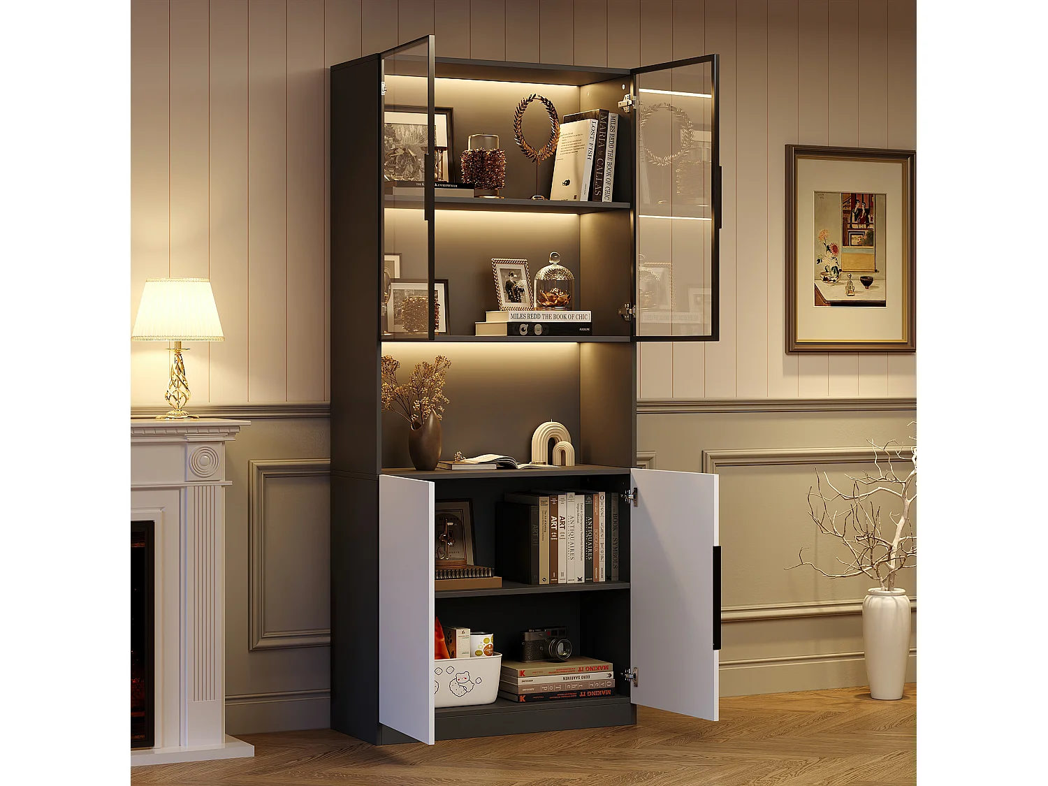 Vitrine avec LEDs, 2 portes vitrées et 2 portes en bois - Blanc et noir