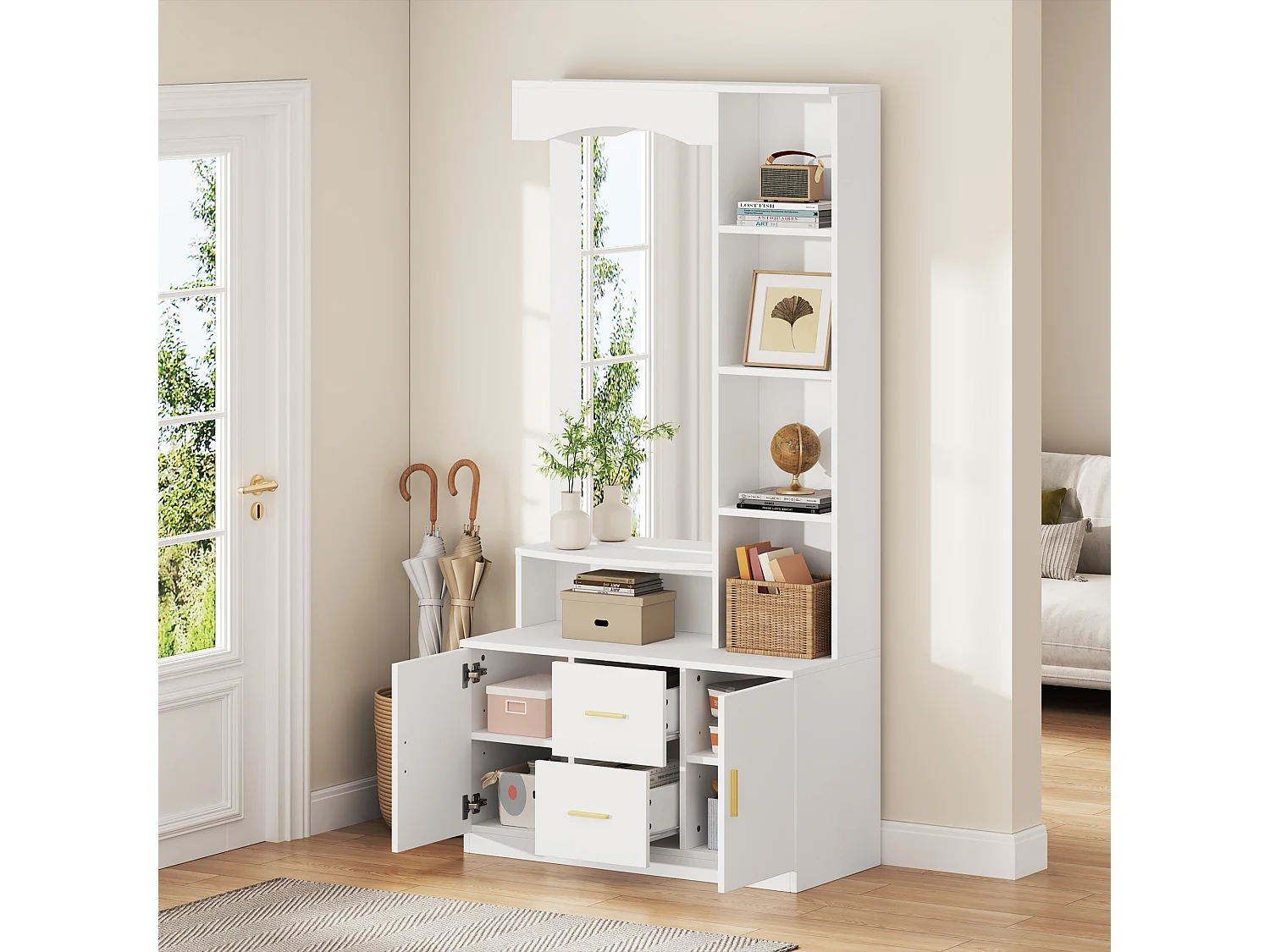 Armario con espejo, 2 cajones y 2 puertas - Blanco 90 x 40 x 180 cm