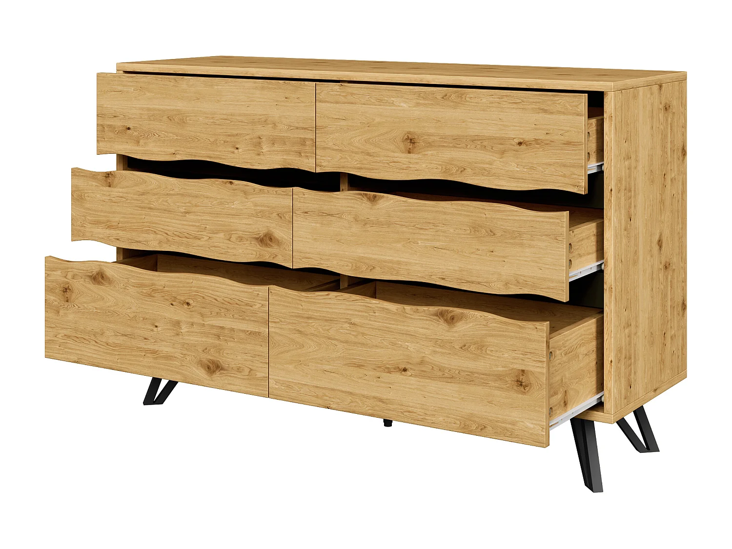 Commode avec 6 tiroirs - Finition imitation bois - Pieds en métal -Naturel