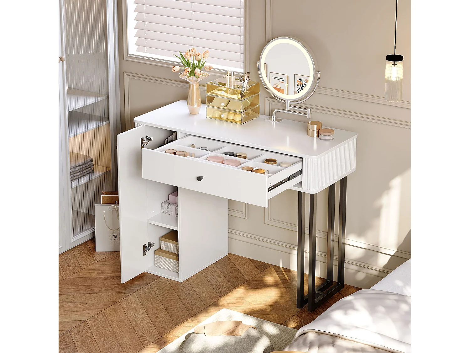 Coiffeuse avec miroir LED, tiroir et porte - Blanc et noir