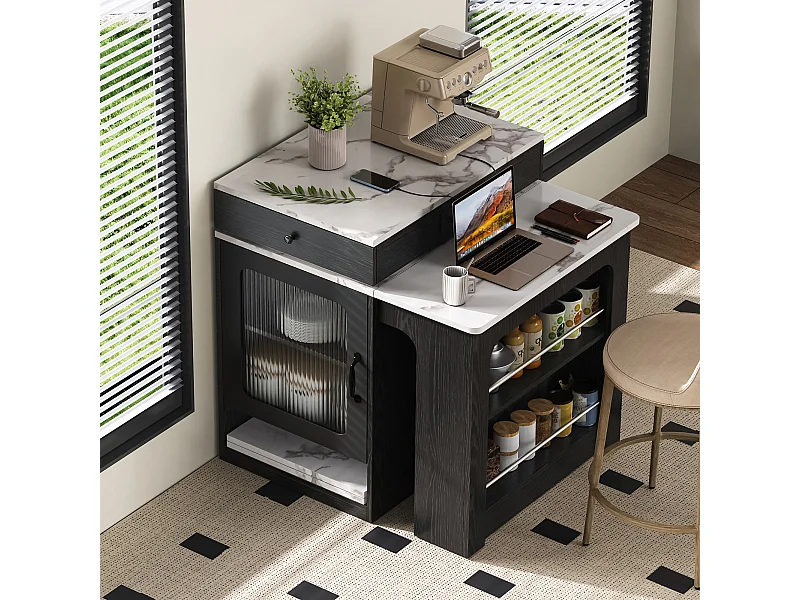 Ilha de cozinha com rodízios, tomadas, porta e duas gavetas - mesa extensível - Branco e preto