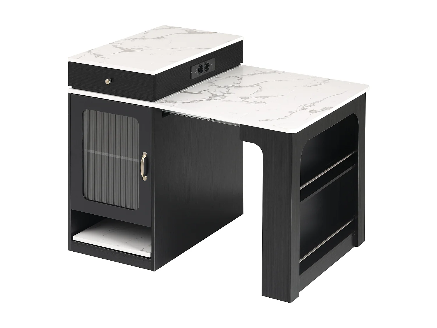 Ilha de cozinha com rodízios, tomadas, porta e duas gavetas - mesa extensível - Branco e preto