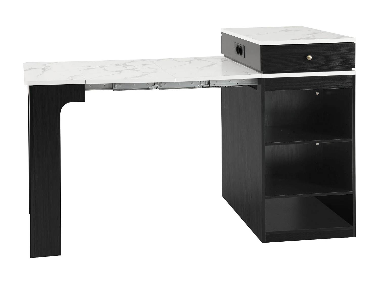 Ilha de cozinha com rodízios, tomadas, porta e duas gavetas - mesa extensível - Branco e preto