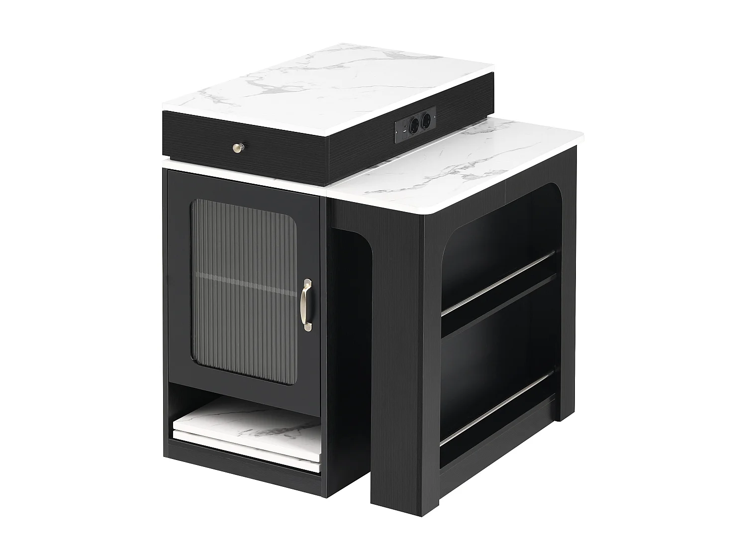 Ilha de cozinha com rodízios, tomadas, porta e duas gavetas - mesa extensível - Branco e preto