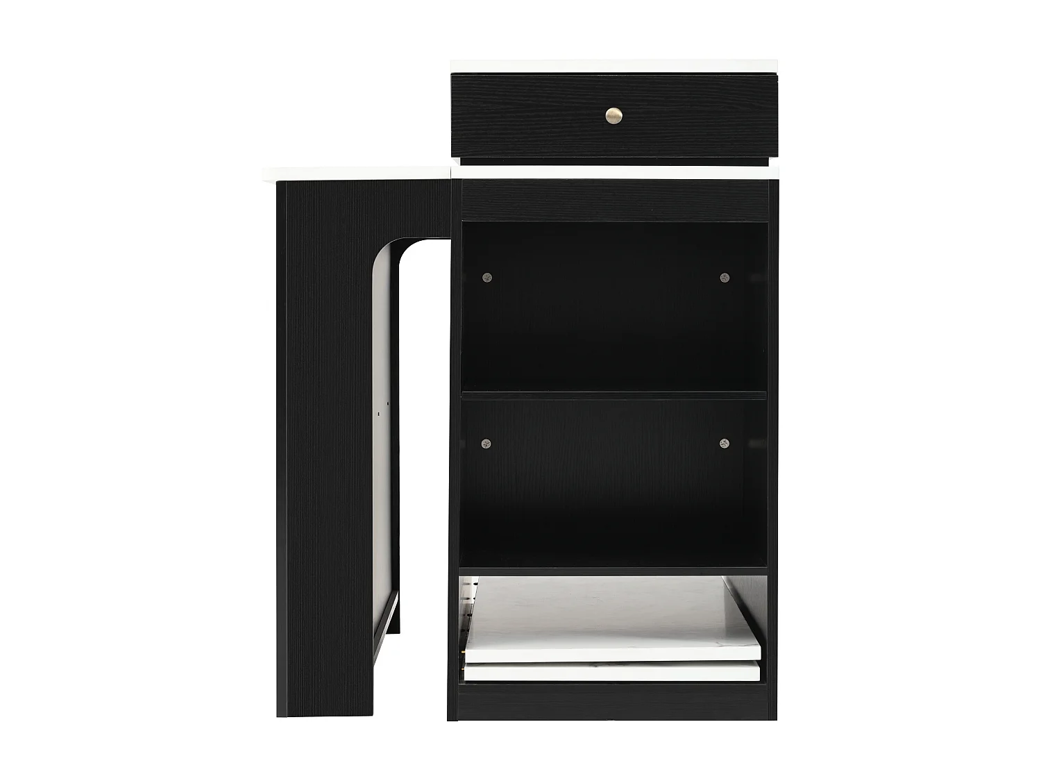 Ilha de cozinha com rodízios, tomadas, porta e duas gavetas - mesa extensível - Branco e preto