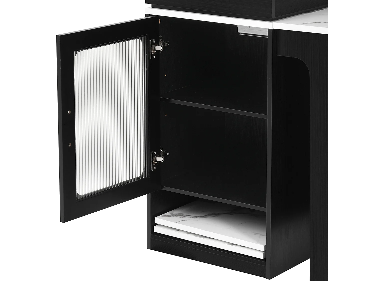 Ilha de cozinha com rodízios, tomadas, porta e duas gavetas - mesa extensível - Branco e preto