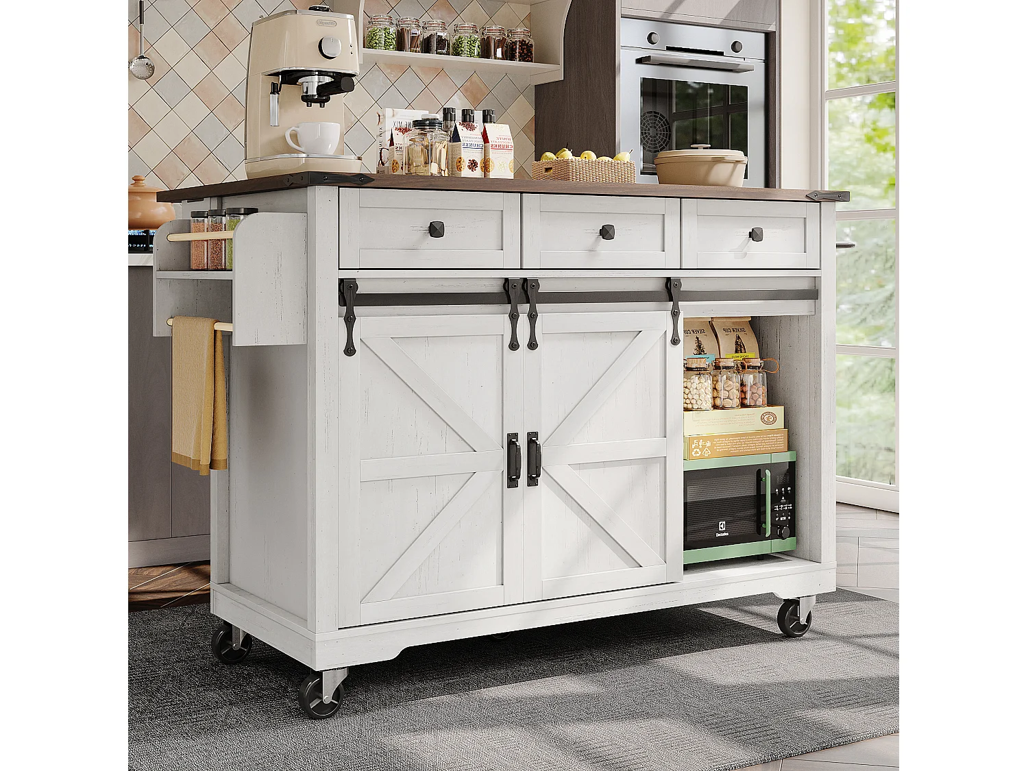 Isla de cocina con 2 puertas correderas y 3 cajones - Blanca y marrón