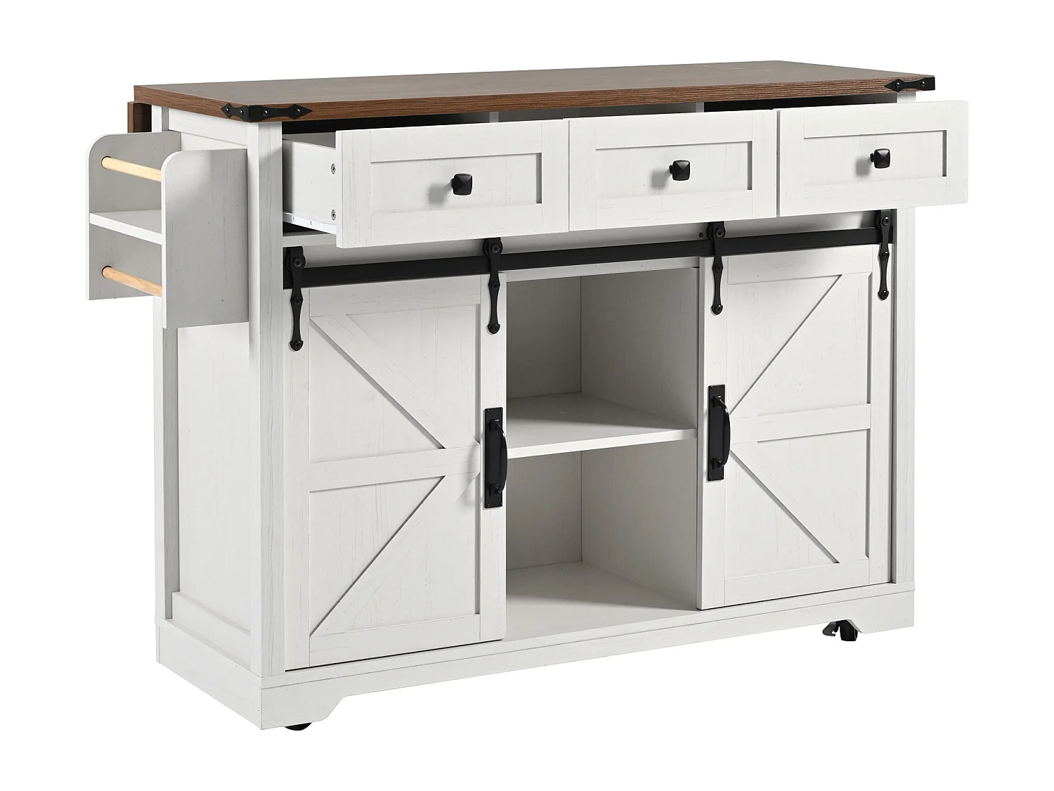 Isla de cocina con 2 puertas correderas y 3 cajones - Blanca y marrón