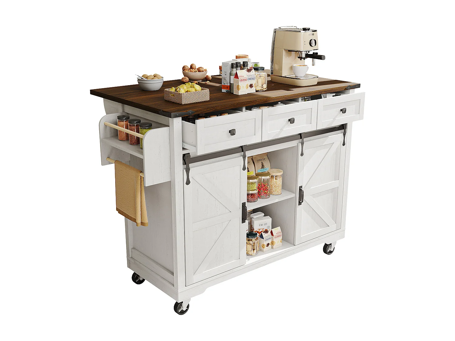 Ilot central de cuisine avec 2 portes coulissantes et 3 tiroirs - Balnc et marron