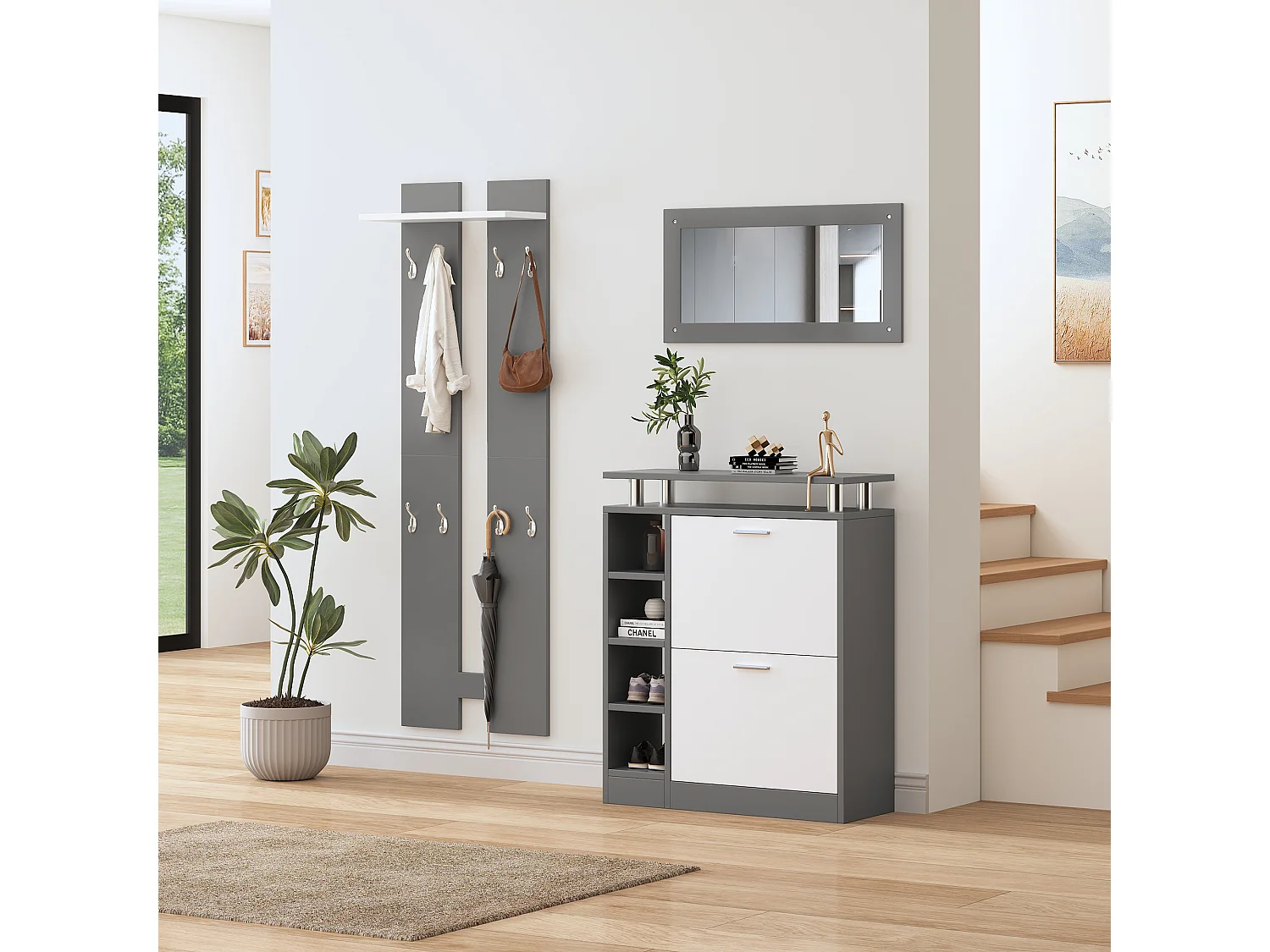 Ensemble penderie ,meuble à chaussures avec miroir et 2 panneaux latéraux, gris anthracite mat